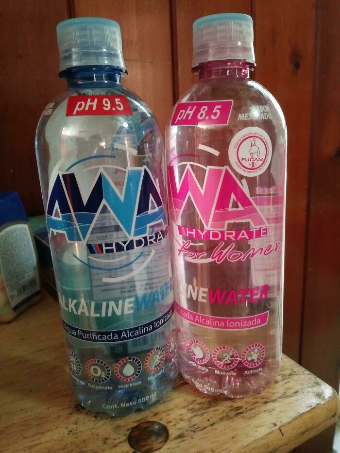 Two bottles of alkaline water, one labeled for women with pink design highlighting gendered nonsense marketing.