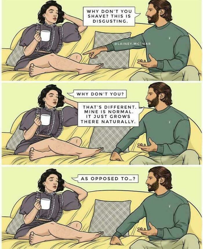 Woman and man debating gendered nonsense about shaving and natural body hair in a casual home setting.