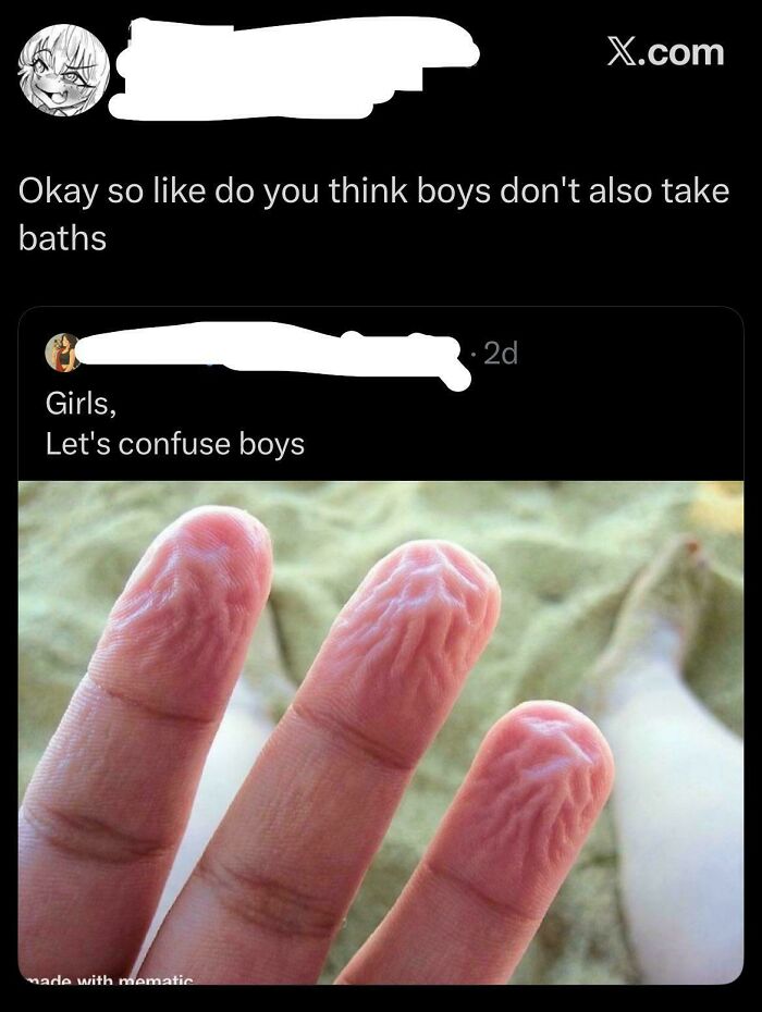 Social media post showing wrinkled fingers from bath water, highlighting examples of gendered nonsense confusion.