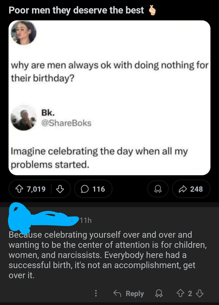 Screenshot of a social media post discussing gendered nonsense about men, birthdays, and societal expectations.