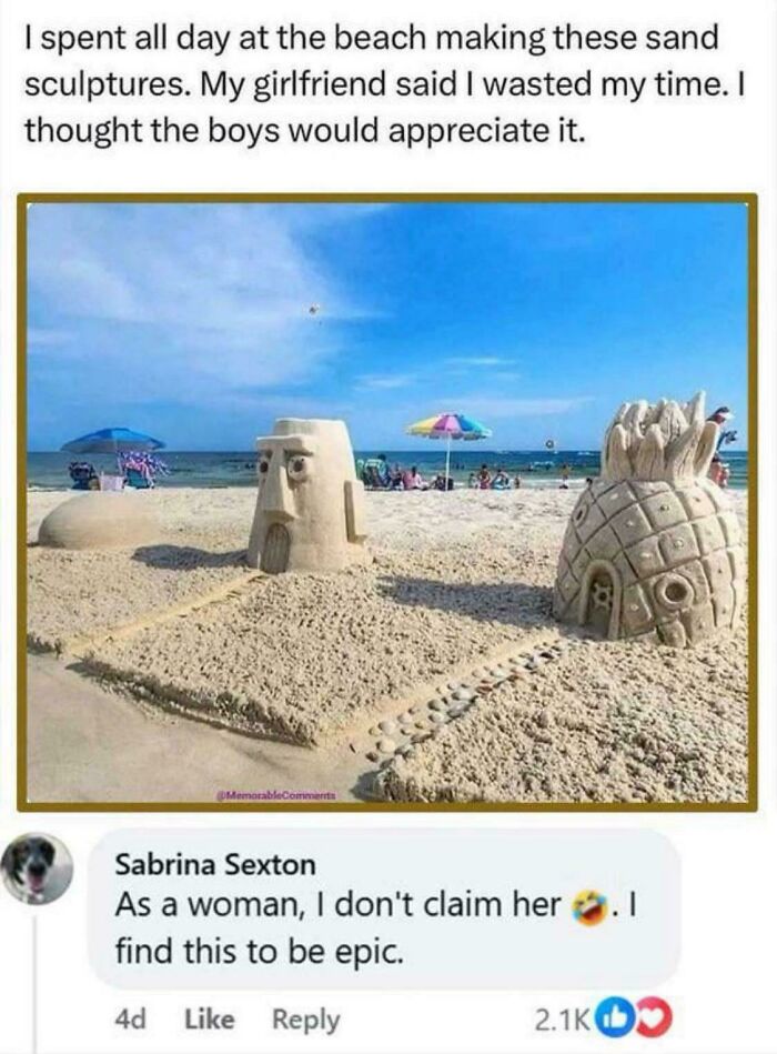 Sand sculptures on a beach showing gendered nonsense with humorous social media comment about appreciation.