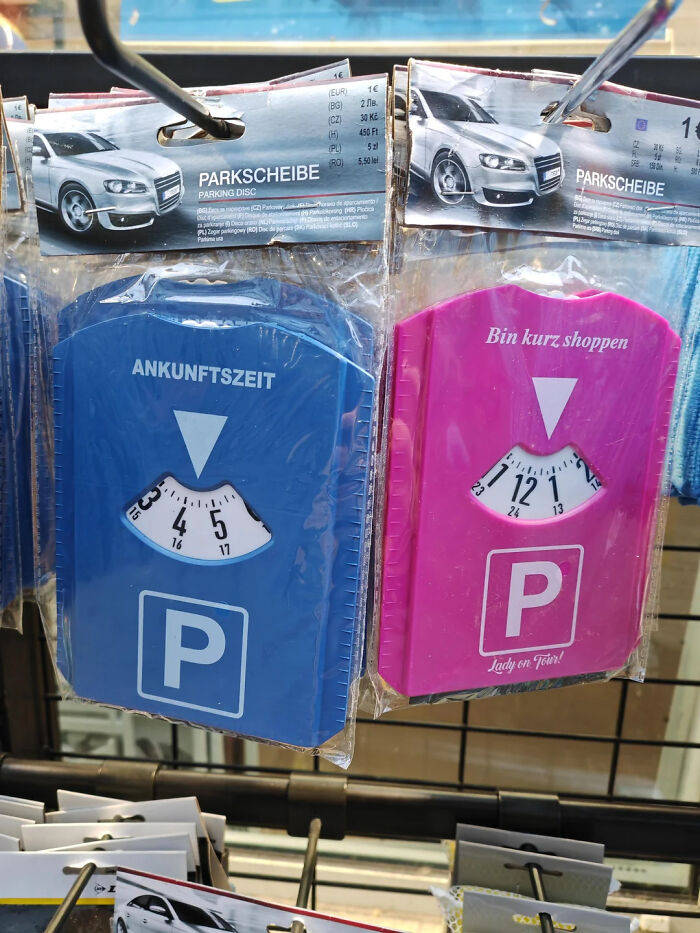 Blue and pink parking discs packaged separately, illustrating examples of gendered nonsense in everyday products.