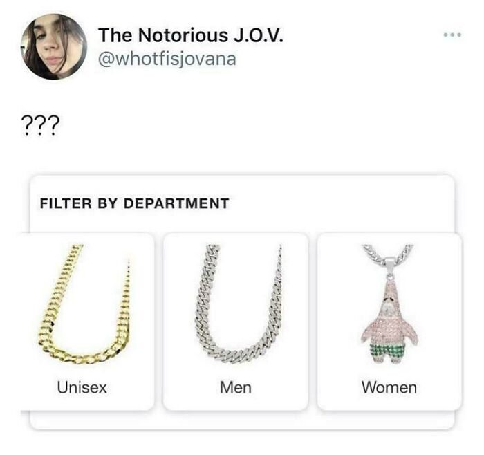 Social media post showing gendered nonsense in jewelry categories labeled unisex, men, and women with different necklace styles.