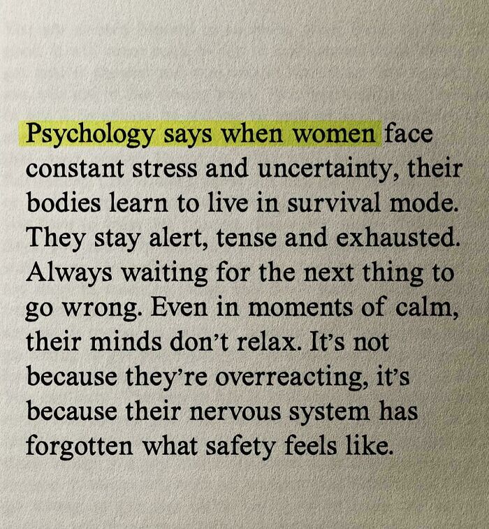 Text snippet on gendered nonsense highlighting how psychology explains women's response to stress and survival mode.