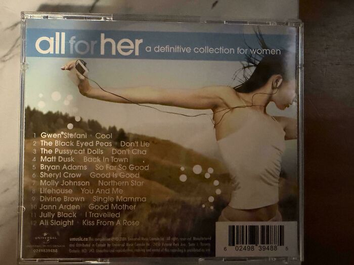 CD cover titled all for her, a collection for women, showing a woman stretching with earbuds, highlighting gendered nonsense examples.