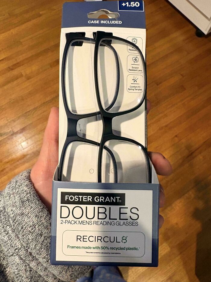 Two pairs of men's reading glasses in packaging highlighting gendered nonsense examples.