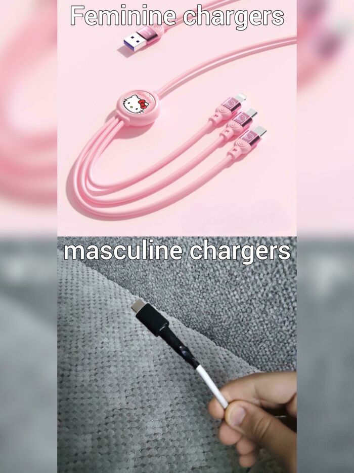 Pink feminine chargers with Hello Kitty design contrasted with a hand holding a taped, masculine charger cable showing gendered nonsense.