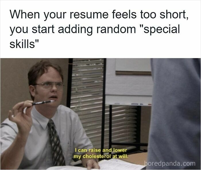 Man in office holding a pen with caption about adding random special skills on a resume, related to resume memes.