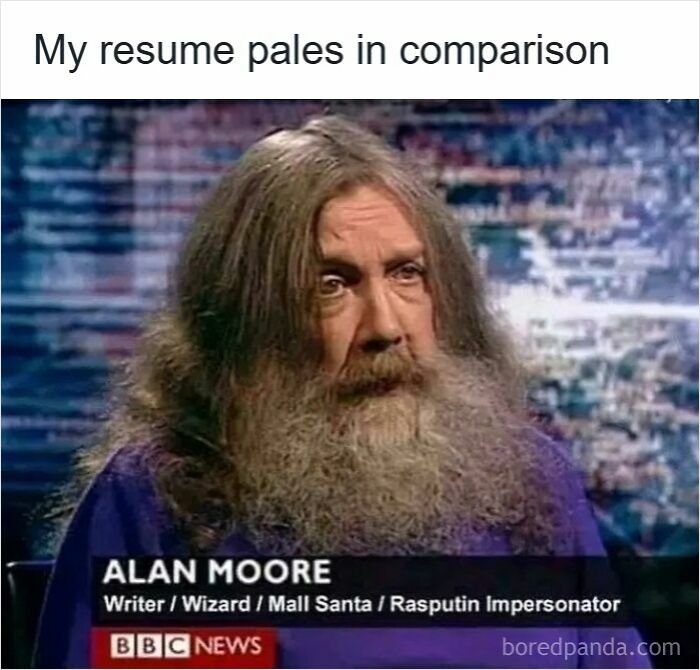 Older man with long gray hair and beard on BBC News, captioned about resume comparison and featuring resume memes.