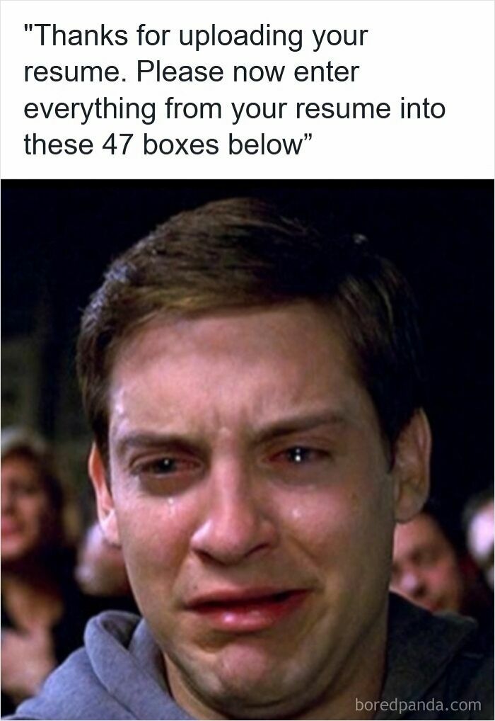 Man crying in frustration with caption about entering resume details into multiple boxes, illustrating resume meme humor