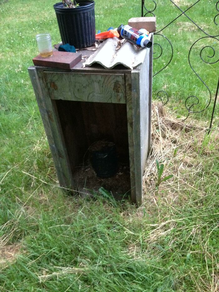 Improvised outdoor wooden structure with random items on top, showing a clear DIY fail in a grassy yard setting.