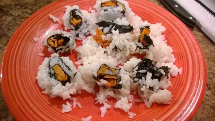 Failed DIY sushi attempt with poorly rolled rice and uneven seaweed on a red plate, showcasing a cooking fail to be shamed.