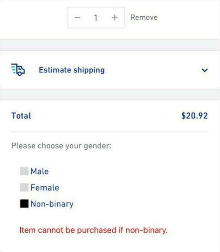 Online checkout showing gender options and a restriction preventing purchase if non-binary, highlighting gendered nonsense.