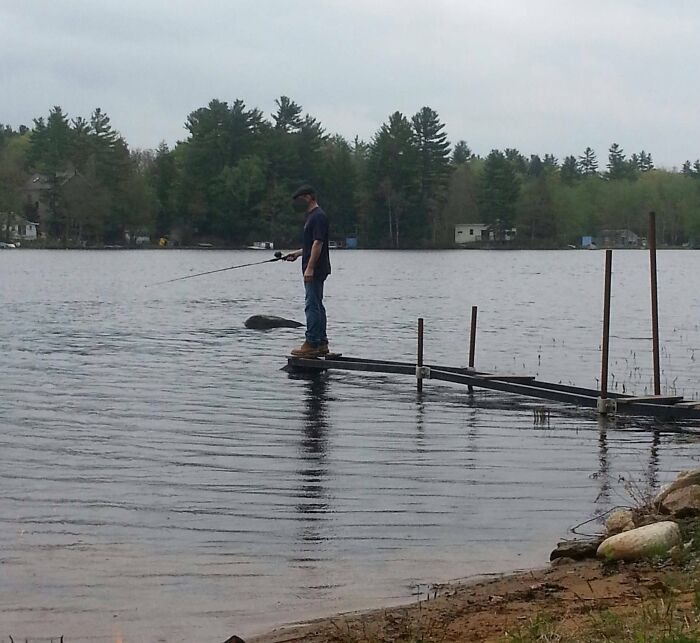 Man fishing on a poorly built DIY dock that is sinking into the water by a lakeside with trees in the background.