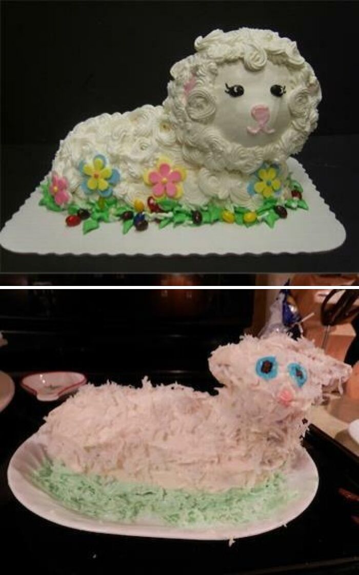 Comparison of a successful lamb cake and a failed DIY lamb cake with messy frosting and uneven decoration.