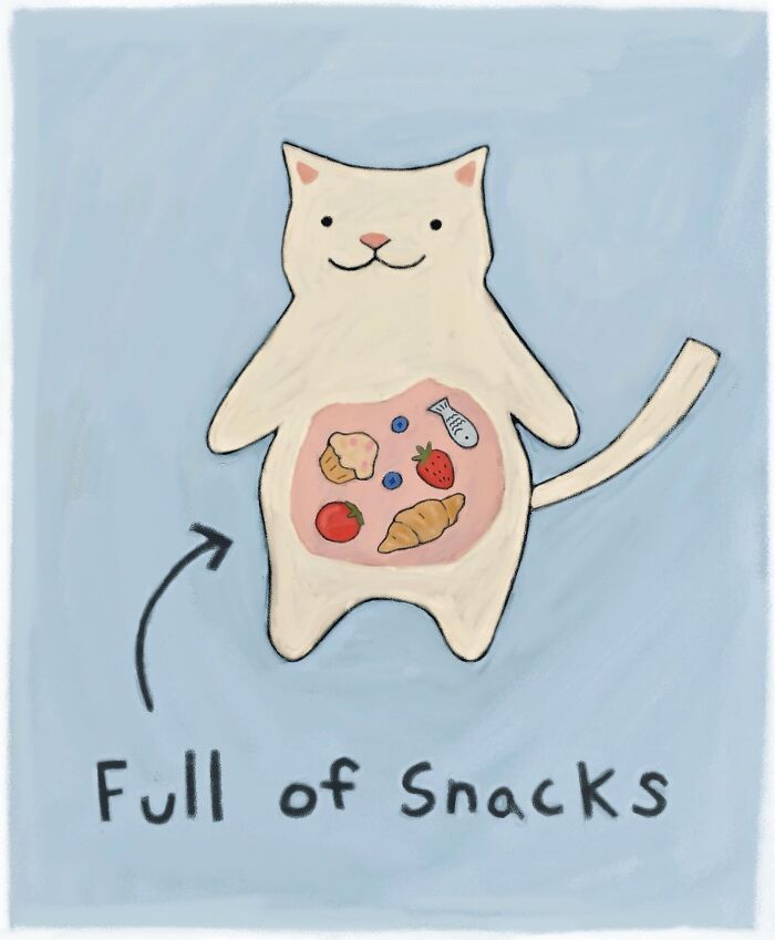 Wholesome cat illustration with subtle humor, showing a cat full of snacks in cozy, playful style.