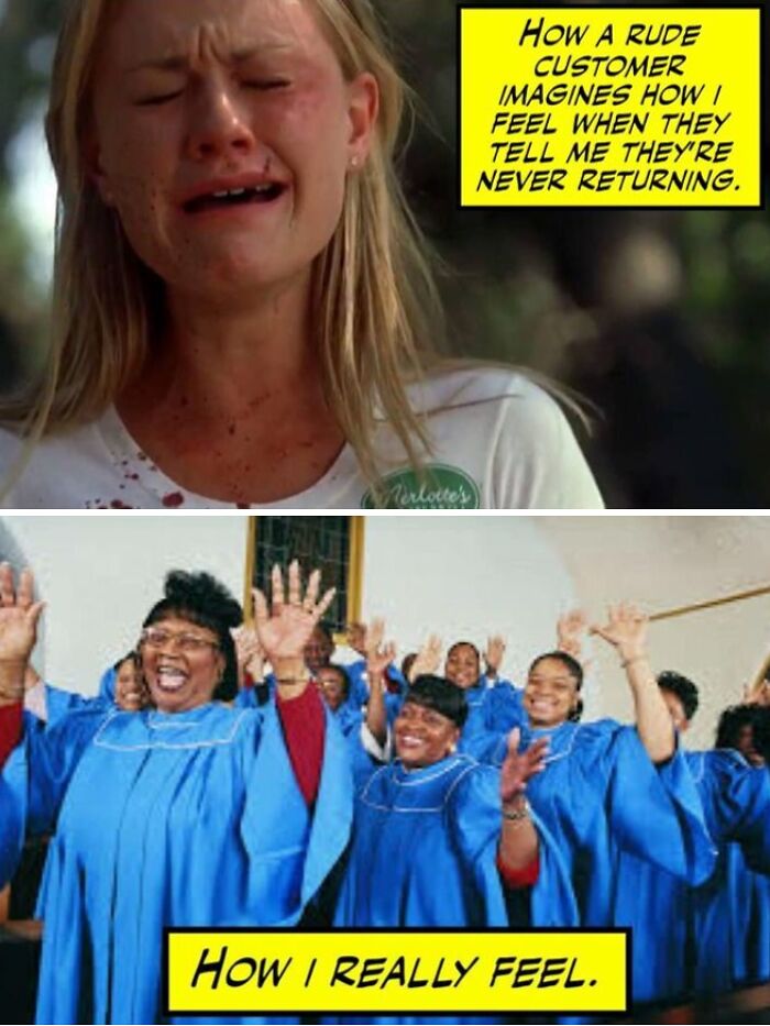 Woman crying in restaurant uniform contrasted with happy choir, depicting feelings restaurant workers might relate to.