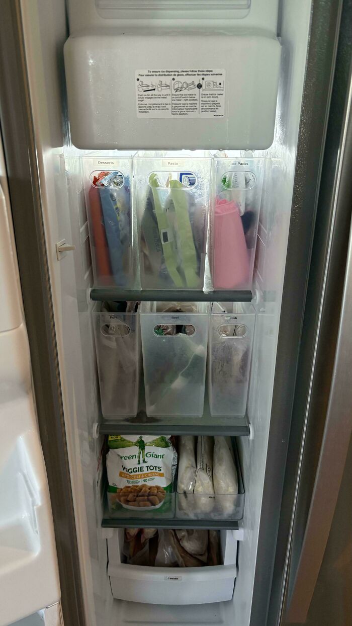 Freezer compartments with neatly organized labeled bins for desserts, pasta, ice packs, pork, beef, and fish.