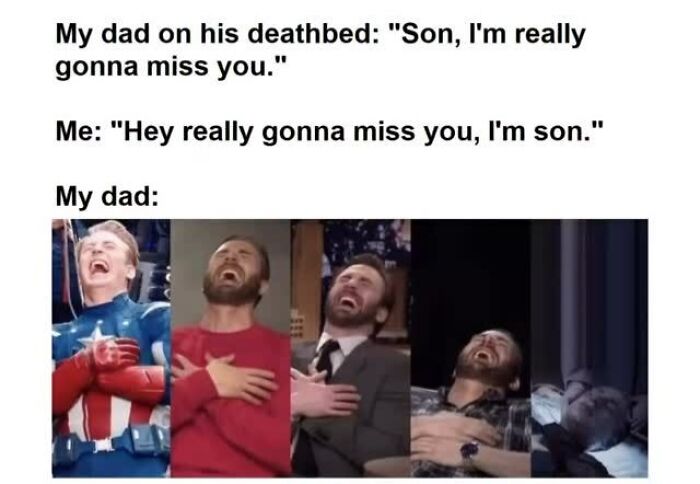 Funny meme explaining a dad and son joke with multiple images of a man laughing heartily.