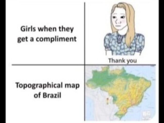 Meme account explains meme with girls receiving compliments and a topographical map of Brazil.