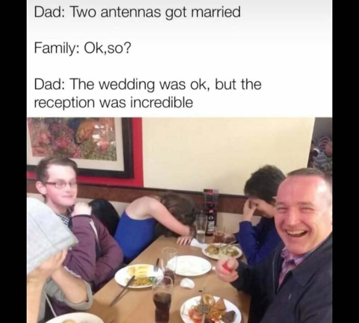 Family reacting to a dad joke at dinner showing meme humor for those who just don't get it on a meme account.