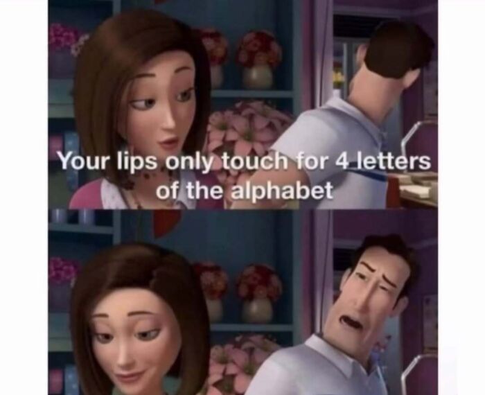 Animated scene of a couple with text meme explaining humorous fact about lips and letters, related to meme account content.