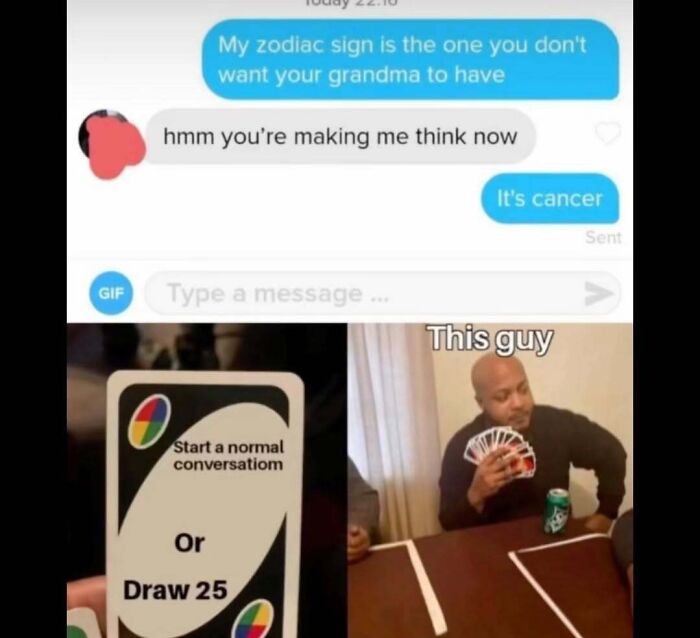 Text message meme about zodiac signs paired with a UNO card and player meme explaining popular internet memes.