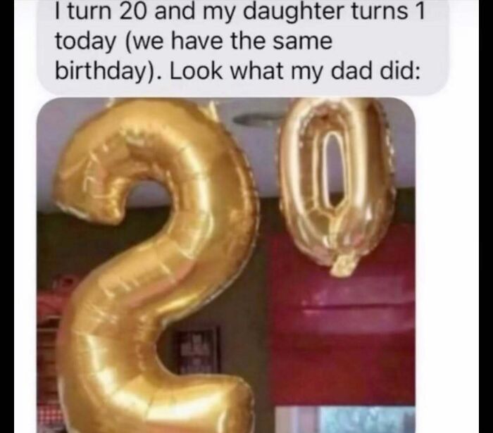 Text message about shared birthday with daughter turning 1, showing gold balloons forming number 20, meme account explains memes.