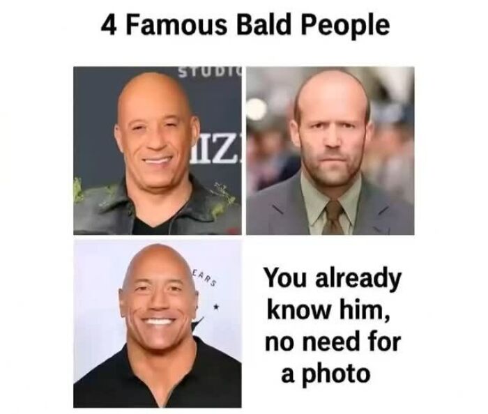 Meme account explains 58 memes with images of four famous bald people and a humorous caption.