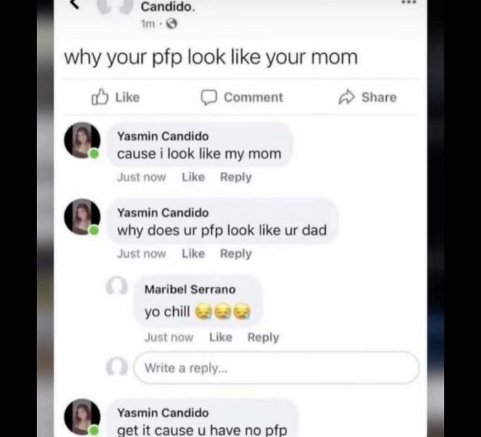 Social media meme conversation explaining profile pictures in a humorous way for meme account followers.