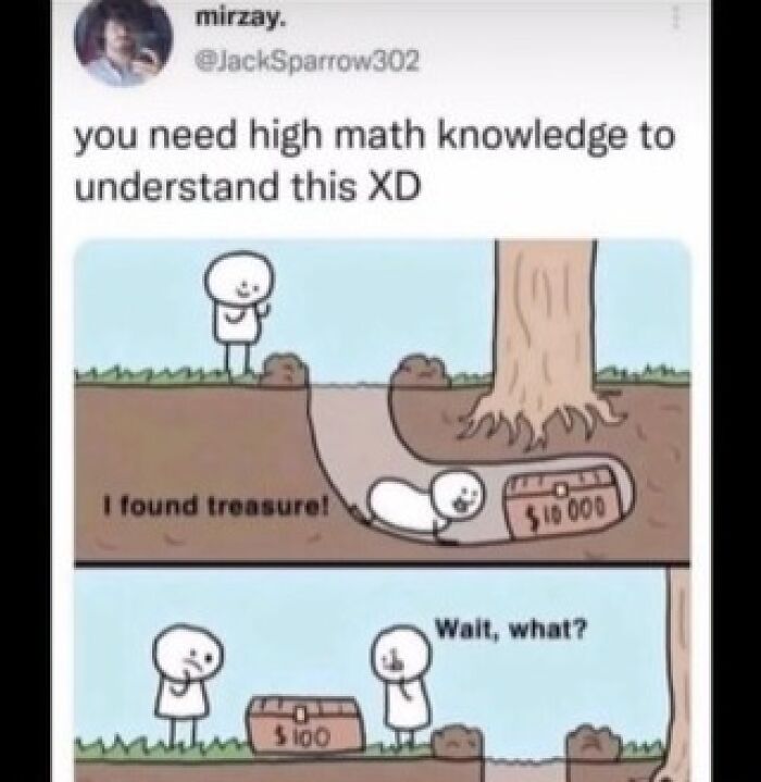 Meme explaining a joke about high math knowledge required to understand hidden treasure value differences.
