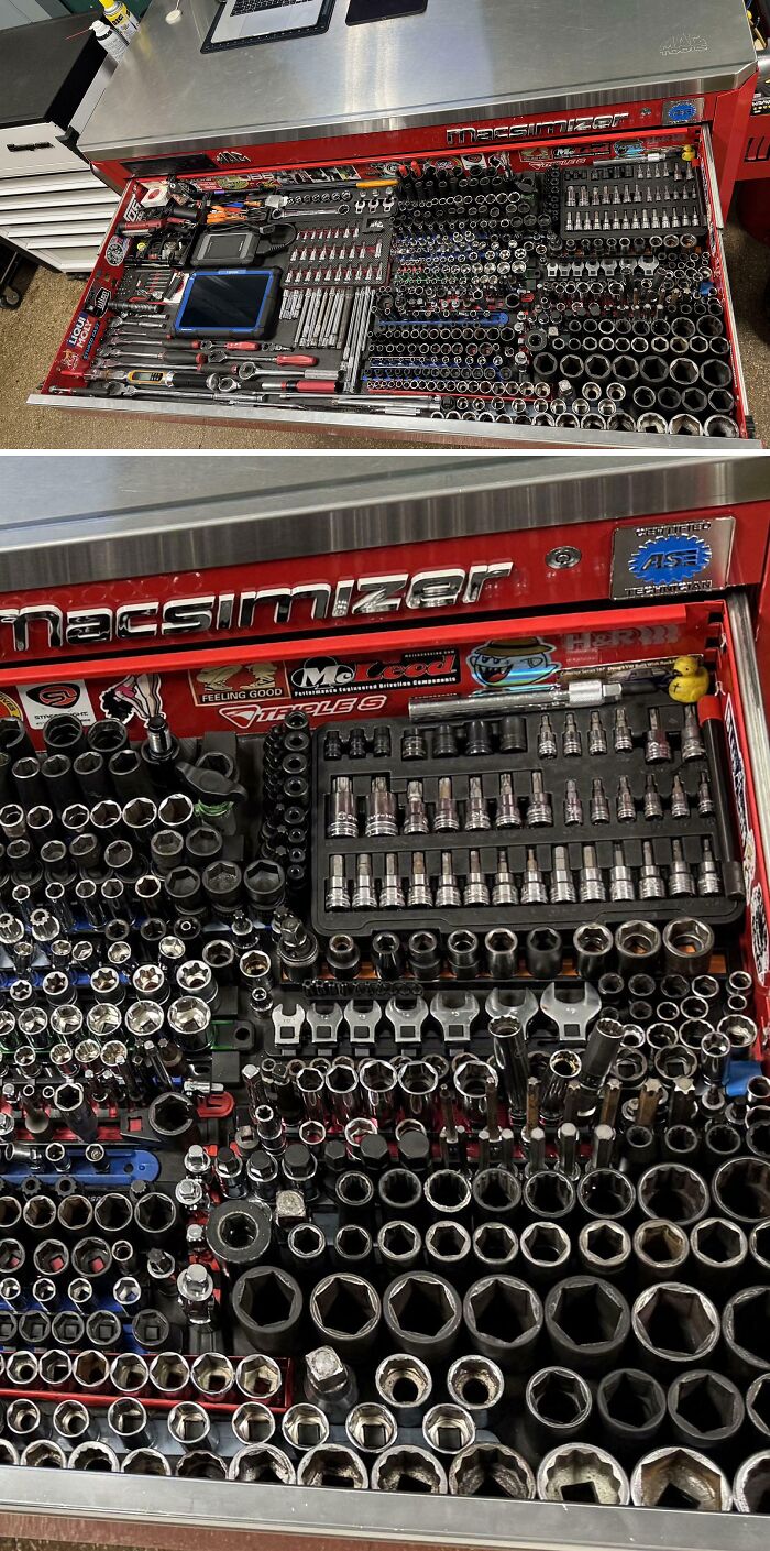 Neatly organized tool drawer with sockets, wrenches, and ratchets arranged for satisfying order and easy access.