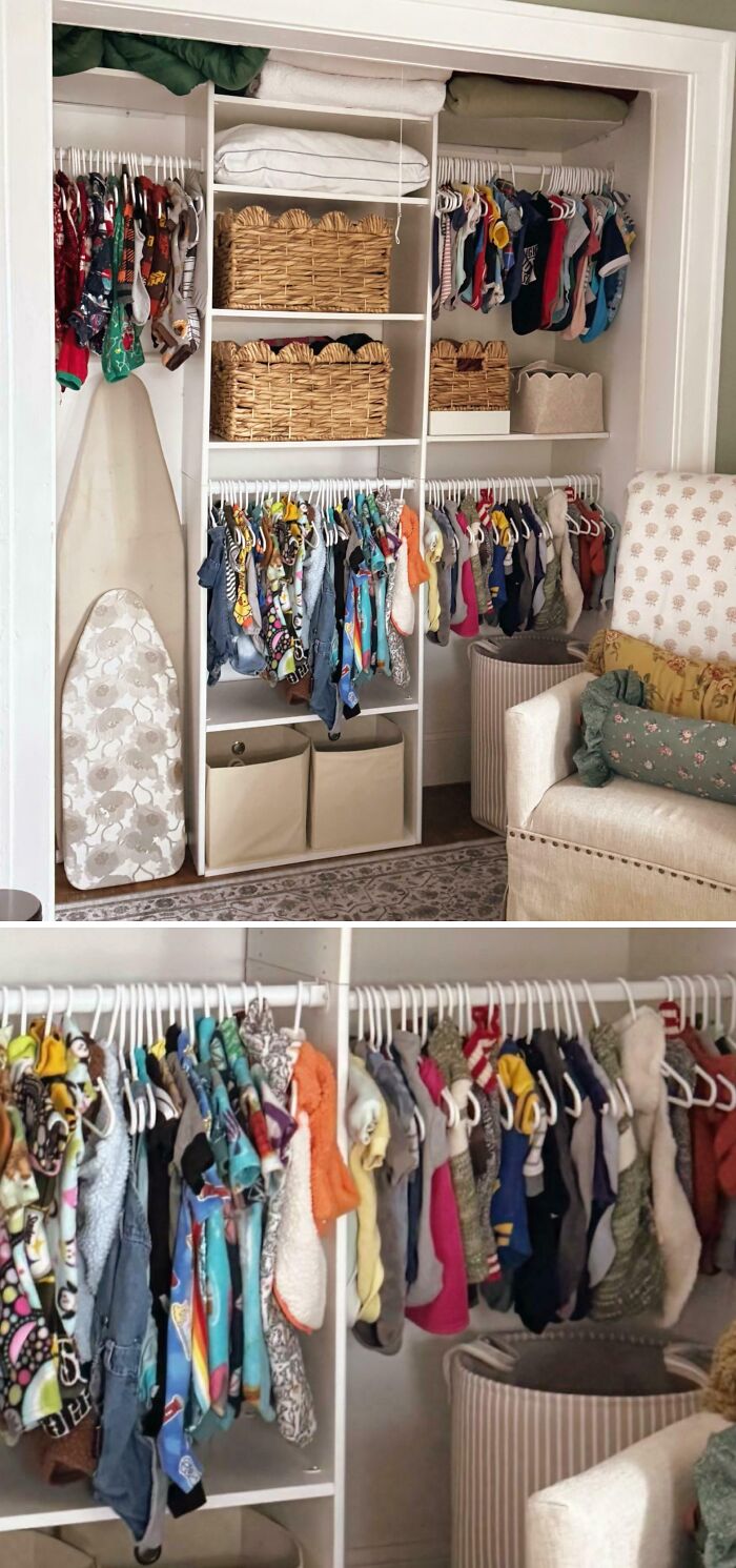Closet with neatly organized kids clothing, wicker baskets, and fabric bins for a tidy and satisfying storage solution.