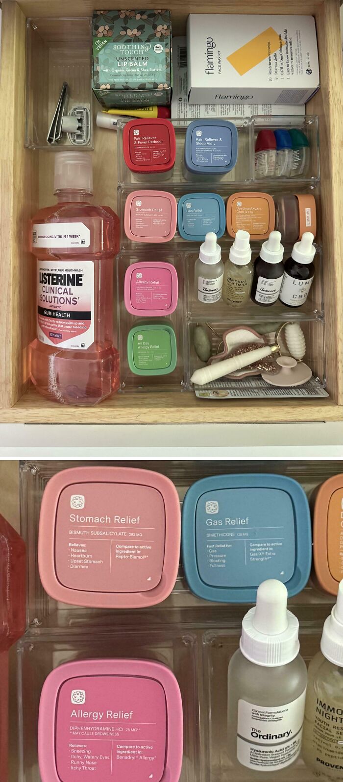 Neatly organized drawer with labeled medicine containers, skincare bottles, and grooming tools arranged for easy access and order.
