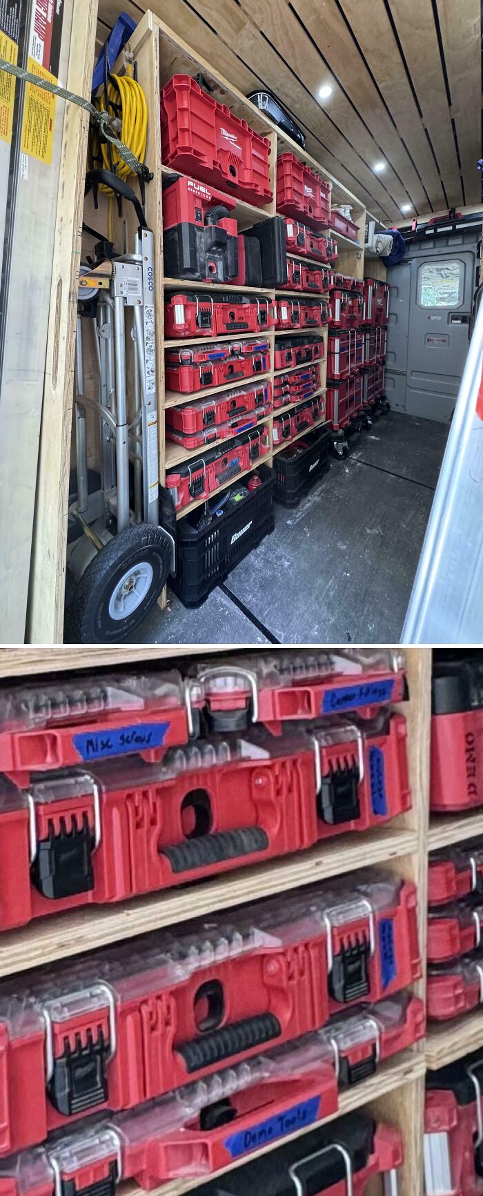 Neatly organized tool storage with red labeled cases on wooden shelves inside a work van, showcasing order and efficiency.