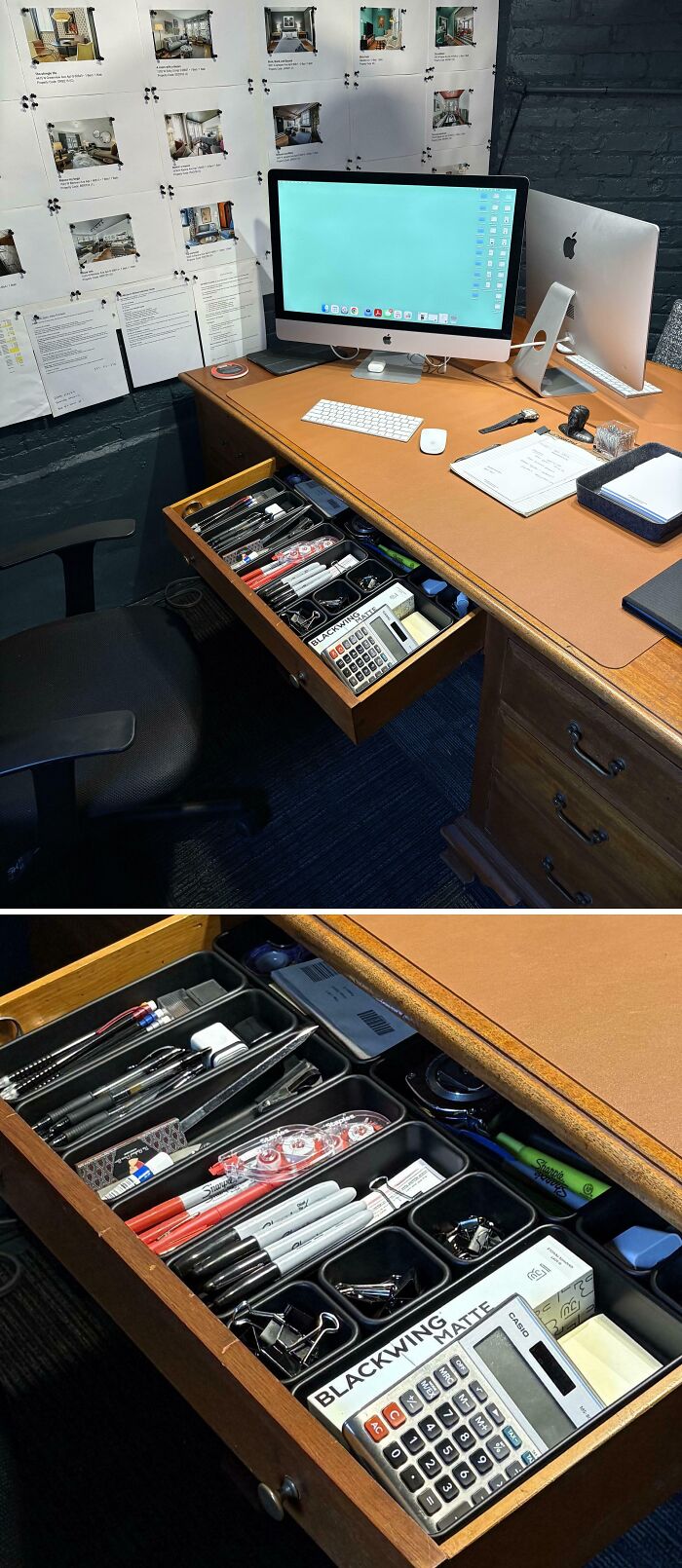 Organized office desk drawer with neatly arranged pens, calculators, and office supplies creating a satisfying workspace order.