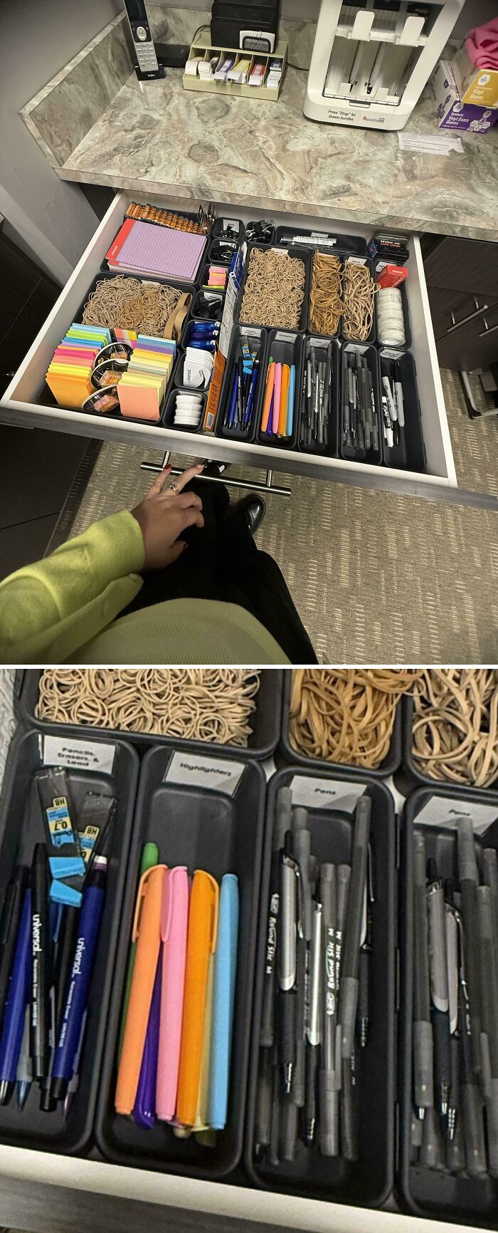 Neatly organized office drawer with rubber bands, pens, highlighters, sticky notes, and office supplies for order and efficiency.