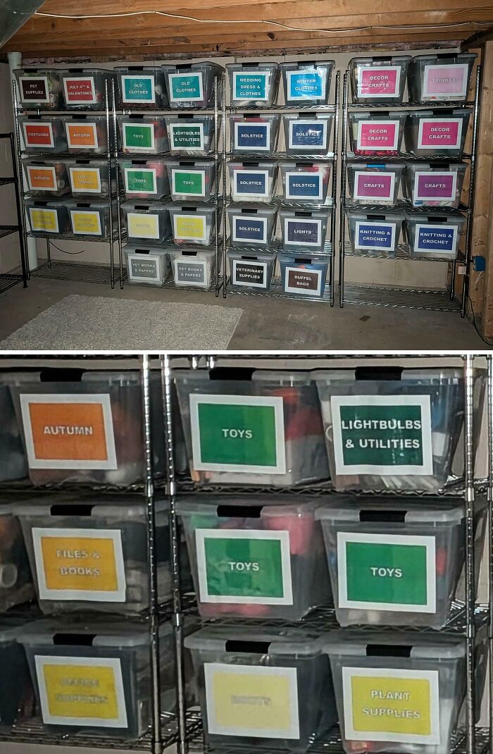 Neatly organized clear storage bins labeled with seasonal items, toys, and supplies on metal shelving in a basement.