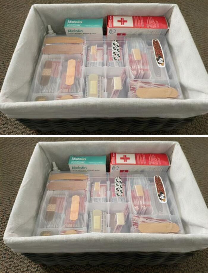Neatly organized first aid supplies in a fabric-lined basket with compartments for bandages and medical items.