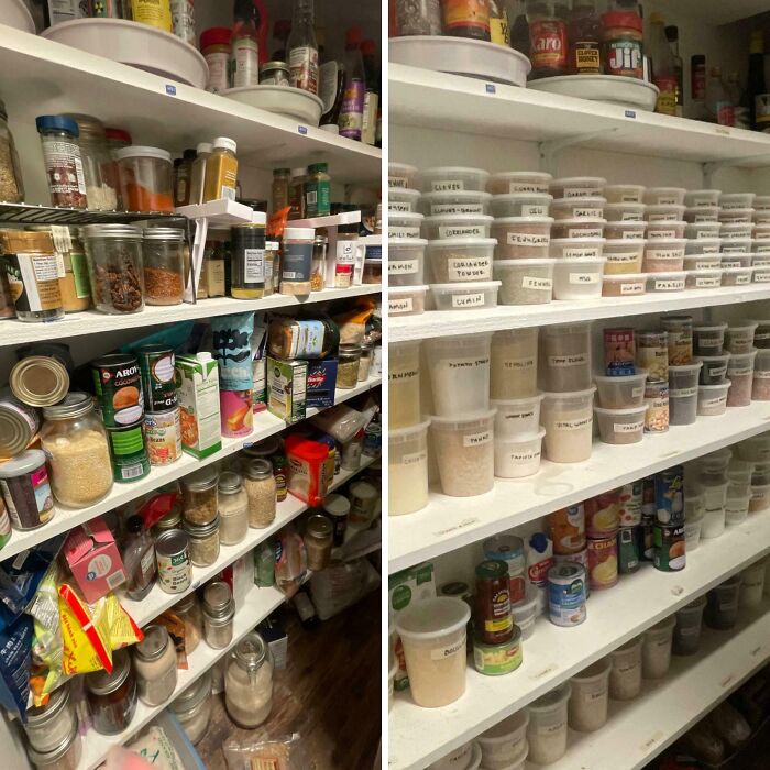 Pantry shelves with neatly organized spices, canned goods, and labeled containers for a satisfying and orderly storage system