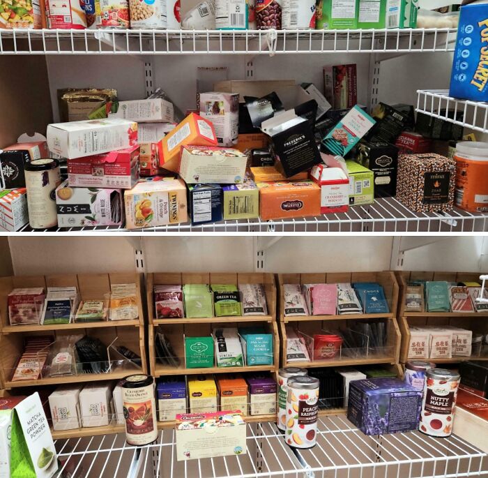 Pantry shelves before and after organization, showing neatly arranged tea boxes and canned goods for a tidy space.