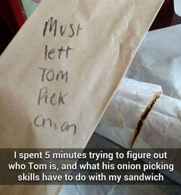 Brown paper with a handwritten grocery list next to a wrapped sandwich with meme text about not getting the meme explained.