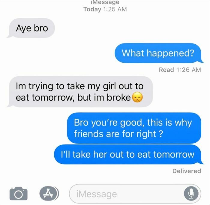 Text message conversation showing friends joking about taking a girl out to eat despite being broke, part of hilarious texts.