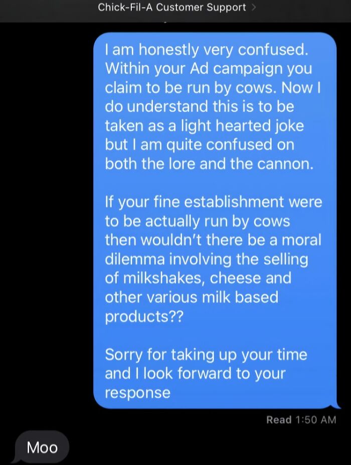 Text conversation showing a hilarious text about Chick-Fil-A being run by cows and a witty customer support reply.