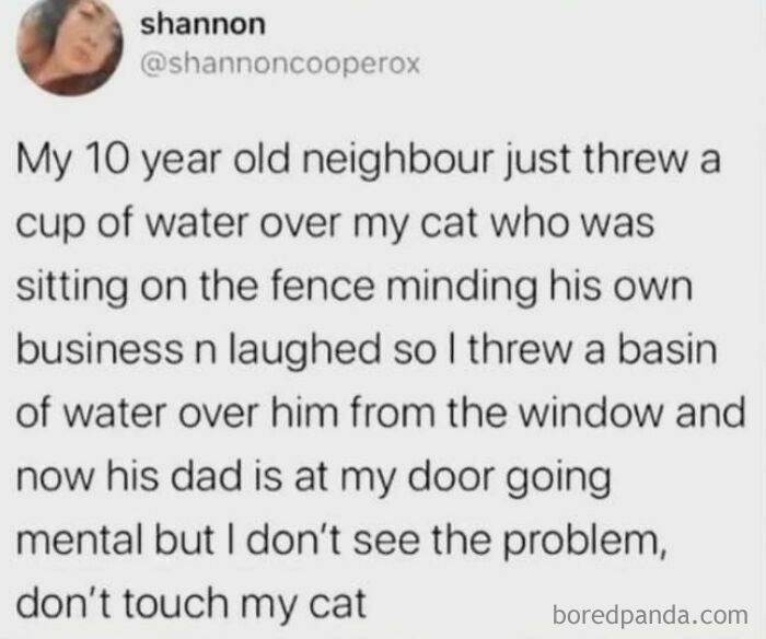 Couple arguing angrily outside a house with a funny screenshot about a neighbor pouring water on a cat.