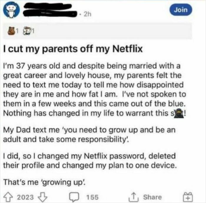 Funny screenshot of a Reddit post about cutting parents off Netflix to avoid responsibility and family drama.