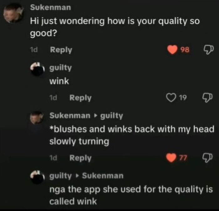 TikTok comments conversation about quality app called Wink with funny and weird exchanges between users.