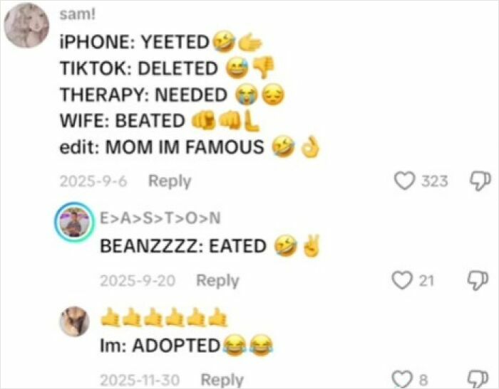 Funny and weird TikTok comments with playful emojis showing unhinged and relatable user replies on a social media post.