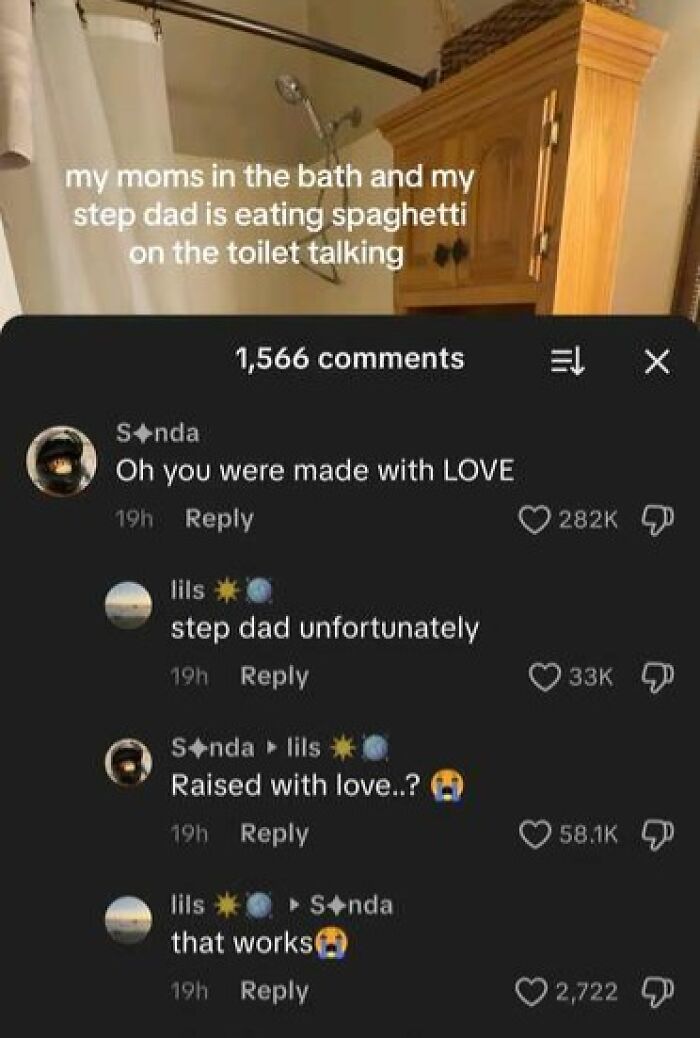 TikTok comments thread with funny and weird exchanges about family and spaghetti on the toilet in a bathroom setting.