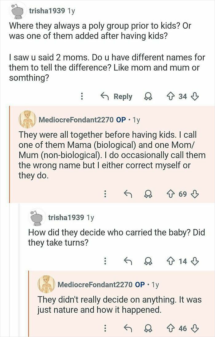 Screenshot of a discussion where a woman raised by polyamorous parents answers questions about family dynamics.